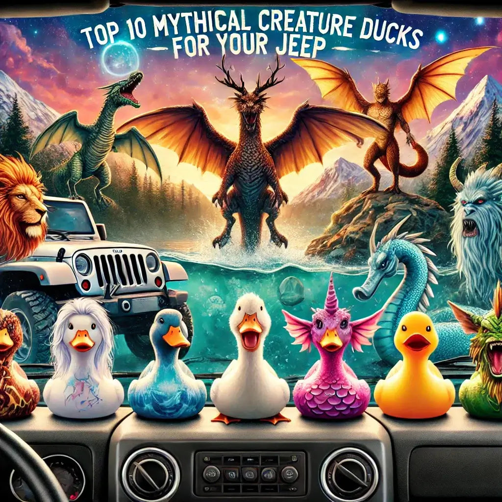 Colorful display of mythical creature ducks in a Jeep, showcasing the top 10 choices for Jeep enthusiasts.