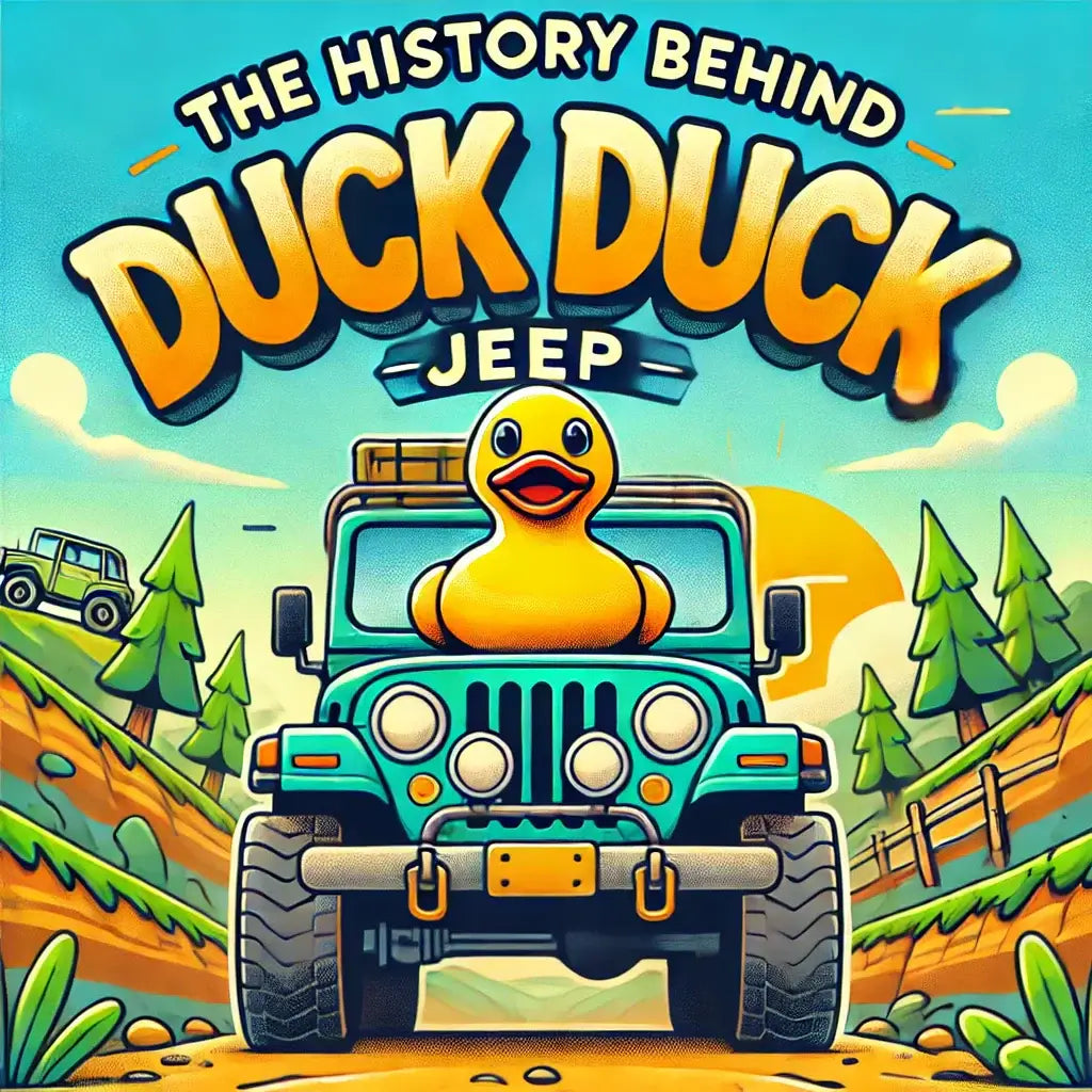 Colorful illustration of a Jeep with a rubber duck, highlighting the Duck Duck Jeep trend.